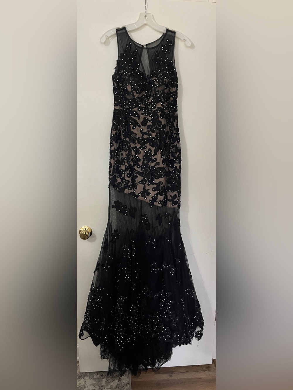 Black Beaded Floral Mesh Evening Dress